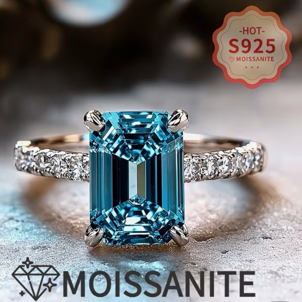 Blue Moissanite and Sterling Silver Ring